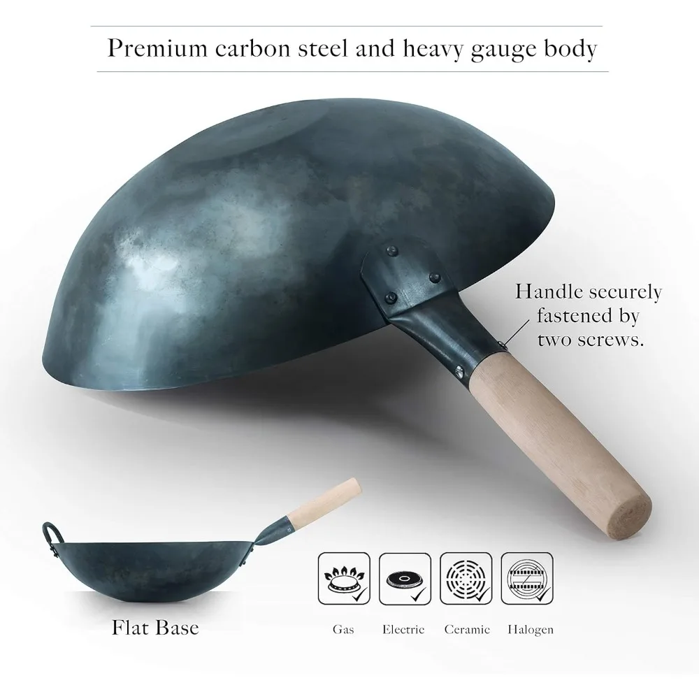 Seasoned Blue Carbon Steel Flat Bottom Wok -14 Inch Chinese Pow Wok - Traditionally Hand Hammered Woks and Stir Fry Pans… 5