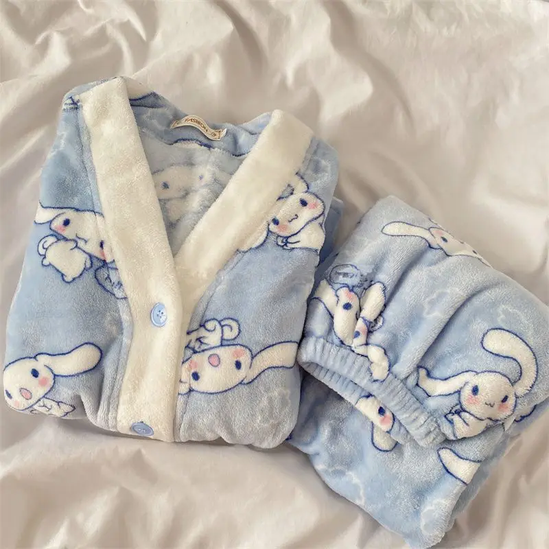 Pijamas Kawaii Cinnamoroll para mujer, Otoño Invierno, Sanrios japonés, ropa de dormir de franela, cárdigan, pantalones, conjunto de dos piezas, ropa cálida para el hogar - AliExpress 200000345