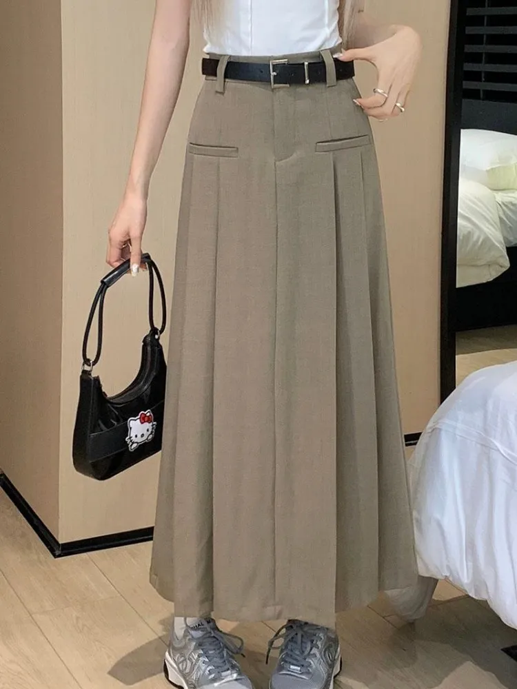 ★2025SS新作★KASHIKO★Pocket Belt Long Skirt Women Harajuku Girls Plus Size Pocket High Waist Skirt A