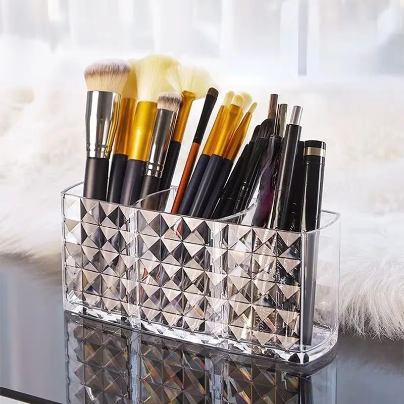 Drill pattern three compartments makeup brush organizer acrylic transparent pencil holder desktop eyebrow pencil lipstick storag 6