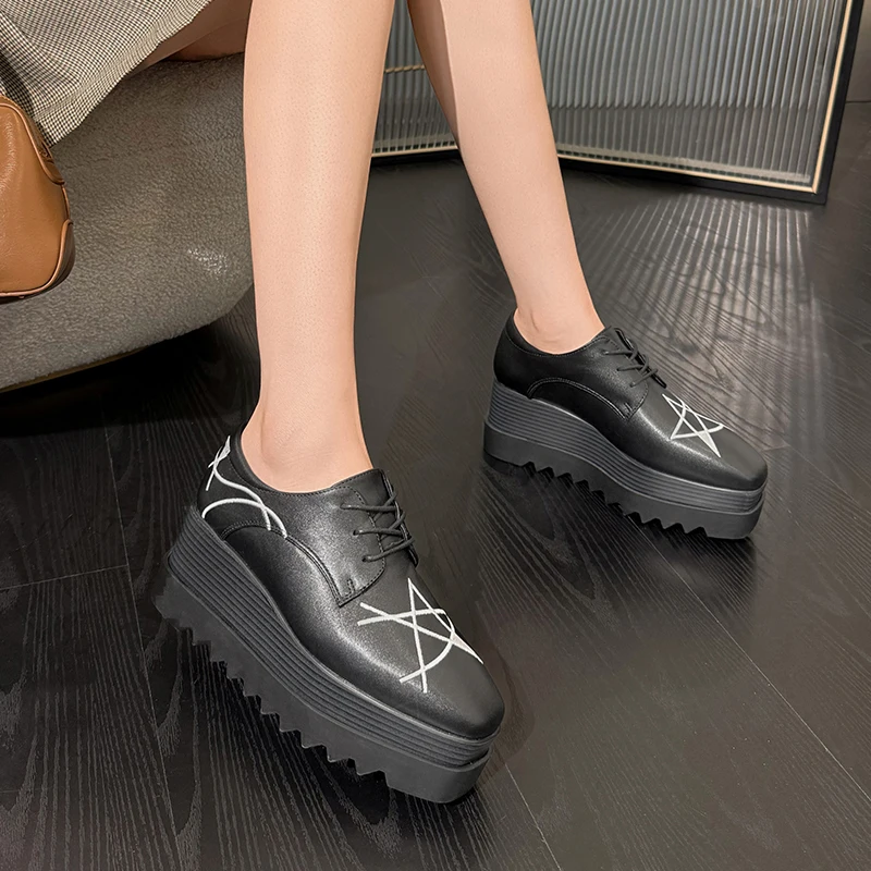 Black Platform Heels 8cm Wedges Shoes Lace Up High Heels Size 34