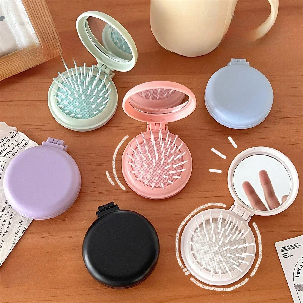 Solid Color Folding Comb with Makeup Mirror Traveling Portable Small Massage Comb Women Girl Air Cushion Hair Brush Styling Tool 1