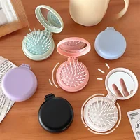 Solid Color Folding Comb with Makeup Mirror Traveling Portable Small Massage Comb Women Girl Air Cushion Hair Brush Styling Tool