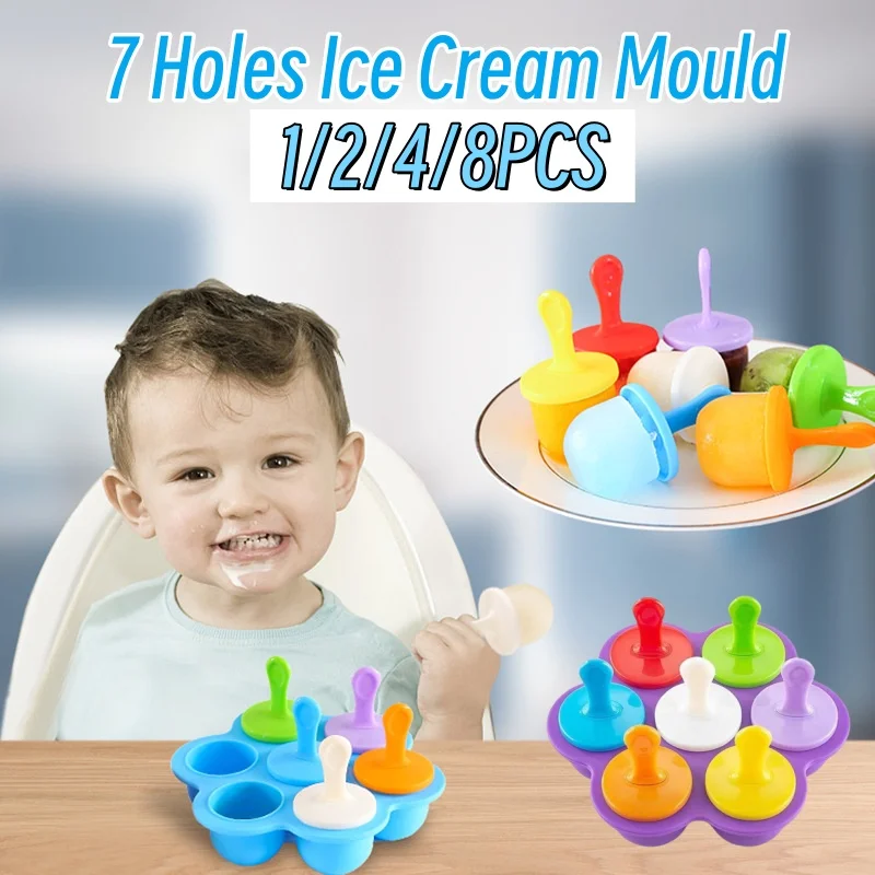 7 Holes Food Grade Silicone Ice Ball Mold DIY Popsicle Mold Sticks Popsicle Makers Mould Baby Fruit Shake Ice Cream Making Tools