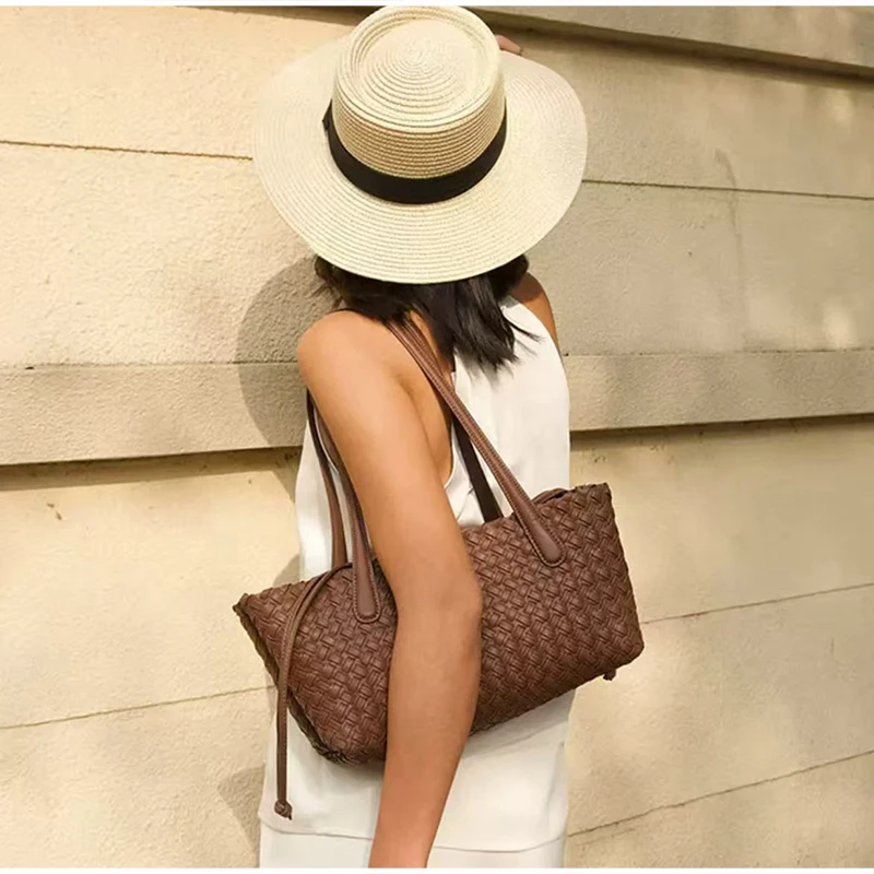 Hohl gewebte Umhängetasche, Damen-Einkaufstasche mit Seilknoten, Marktkorb-Tasche mit Innentasche, lässige Vintage-Handtasche – Detail 7