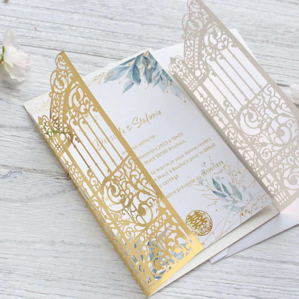 Metallic Gold Gate Laser Cut Wedding Invitation Cards 50 Sets Personalized Printing Marriage Celebrity Party Invites