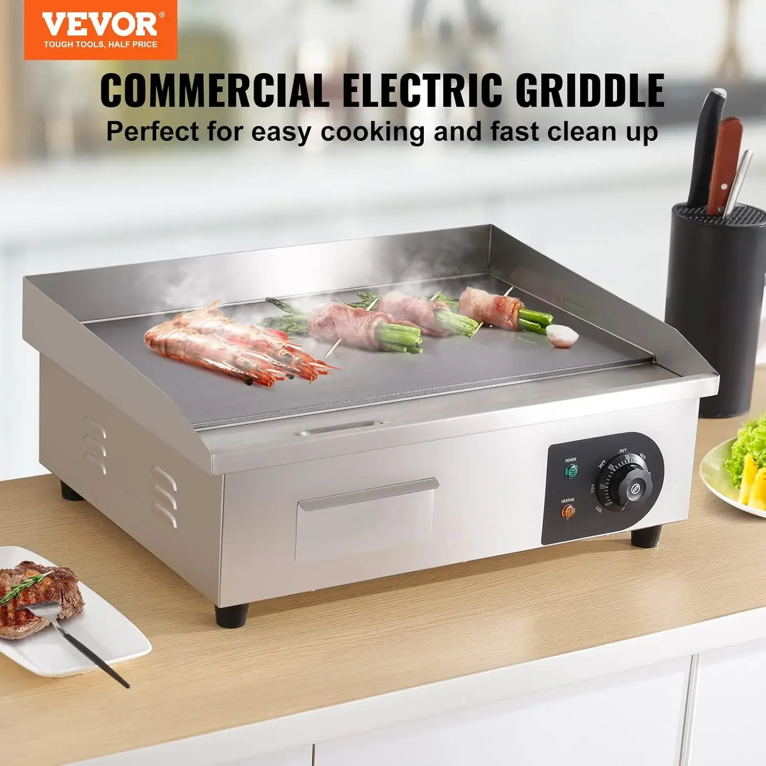 Electric Griddle, 22", 1600W Countertop Flat Top Griddle, Stainless Steel Teppanyaki Grill w/Iron Cooking Plate, 122-572℉ Adjust 2
