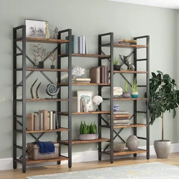 Triple Wide 5-Shelf Bookcase, Etagere Large Open Bookshelf Vintage Industrial Style Shelves Wood and Metal bookcases Furniture