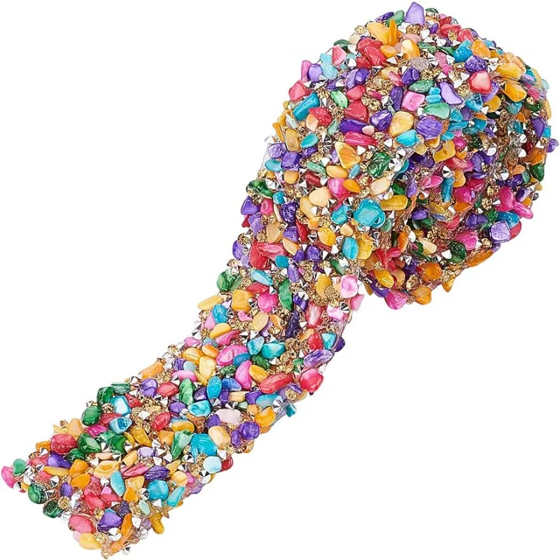 Crystal Rhinestone Trim Hotfix Ribbon Colorful Artificial Gem Stone Beaded Iron On Applique Chain Embellishment 1 Yard 1.4 Inch