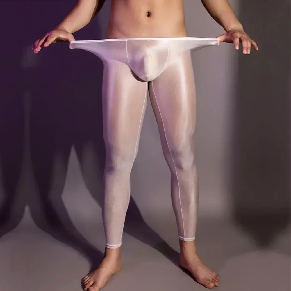 Men Leggings Ultra Thin Oil Shiny Tight Elastic Transparent Pouch Underwear Pants Skinny Trousers