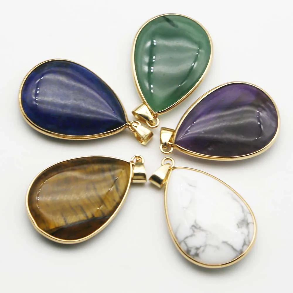 Quality Natural Stone Goldplated Edge Crystal Agate Water Drop Pendant Mineral Healing Charms Jewelry Accessories Wholesale 4Pcs