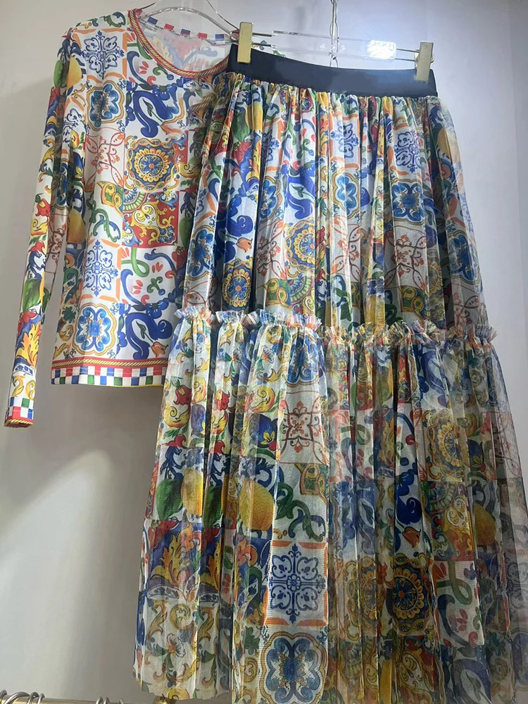 Retro mesh elastic long-sleeved top spring and summer new elastic waist big swing skirt fashion print women's two-piece dress 1