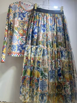 Retro mesh elastic long-sleeved top spring and summer new elastic waist big swing skirt fashion print women's two-piece dress 1