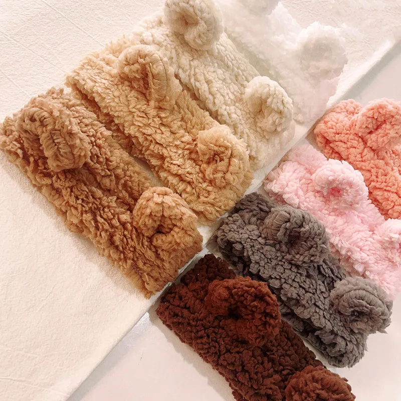 

24pc/lot New Autumn Winter Girls Coral Fleece Ear Bow Hair Band Solid Color Cashmere Headbands Baby Turban Infant Teddy turbans