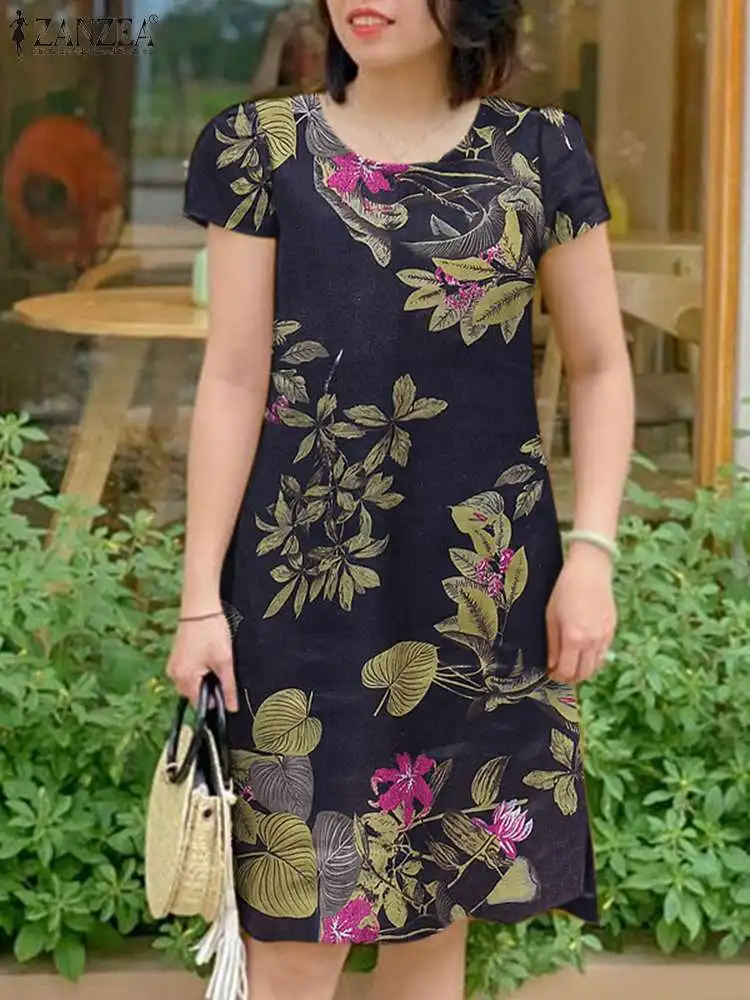 

Women Vintage Floral Printed Sundress 2024 ZANZEA Summer Bohemian Short Sleeve Casual Knee-length Dress Beach Work Vestido Robes