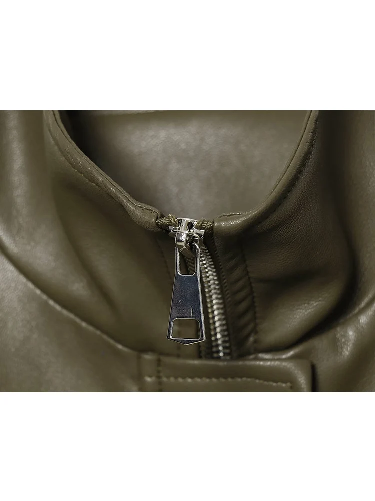 Winter Stand Collar Leather Jacket For Women Casual Full Sleeve Solid Color Zipper Loose Short Coat Lady Fashion Streetwear