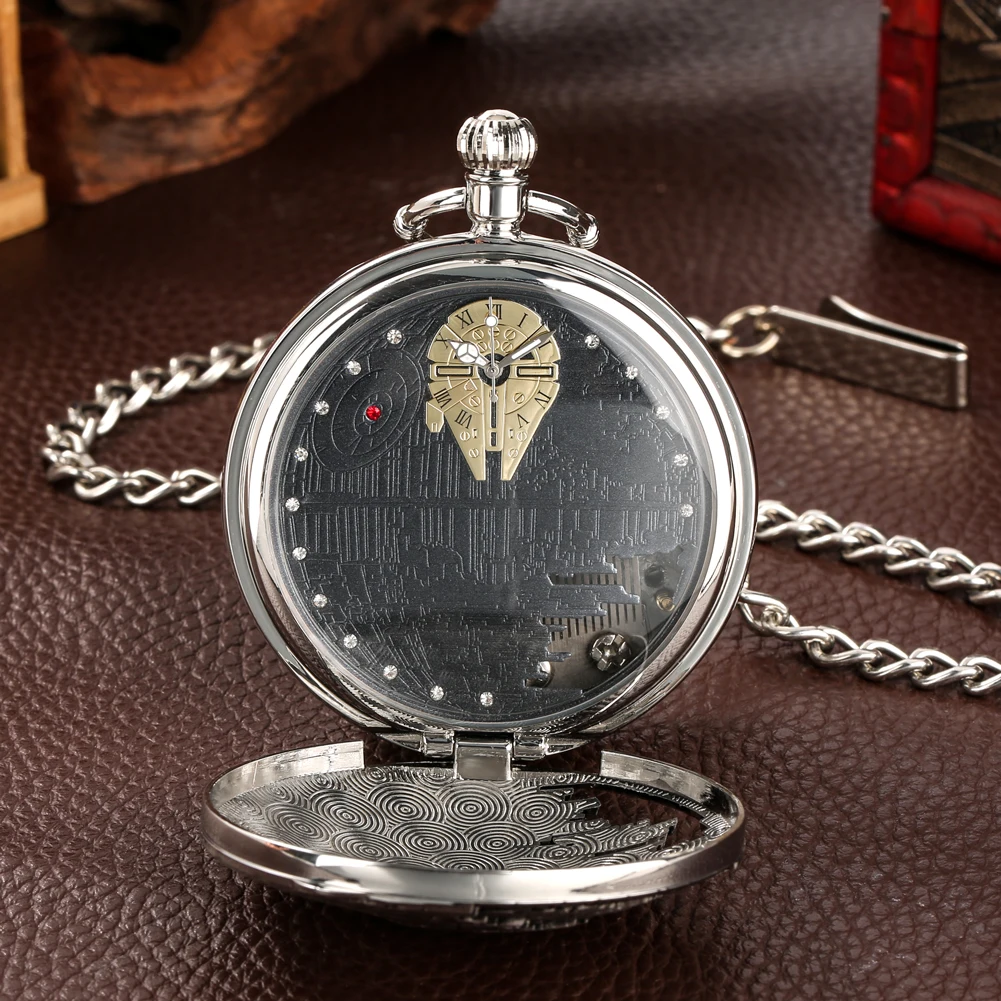 Fashion Silver Melody Musical Pocket Watch Spaceship Dial Design Half Hunter Quartz Music Pocket Chain Clock Gifts for Men Women