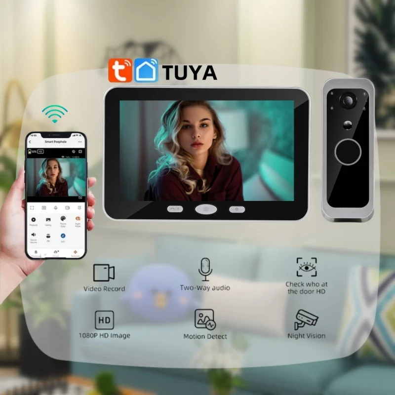 Videocitofono campanello di sicurezza domestica intelligente Videocitofono 1080P Rilevazione movimento Tuya Videocitofono con schermo da 5 pollici