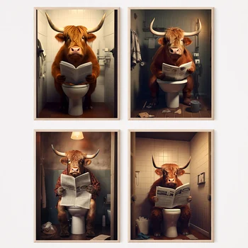 Animale Divertente mucca delle Highland sulla toilette Bagno Poster artistico Pittura su tela Stampe murali Immagine per soggiorno Decorazioni per la casa 1