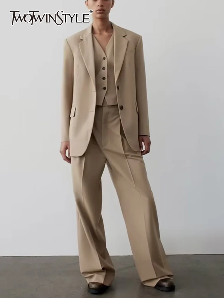 

TWOTWINSTYLE Solid Three Piece Sets For Women Notched Collar Long Sleeve Coat V Neck Vest High Waist Loose Pant Chic Set Female