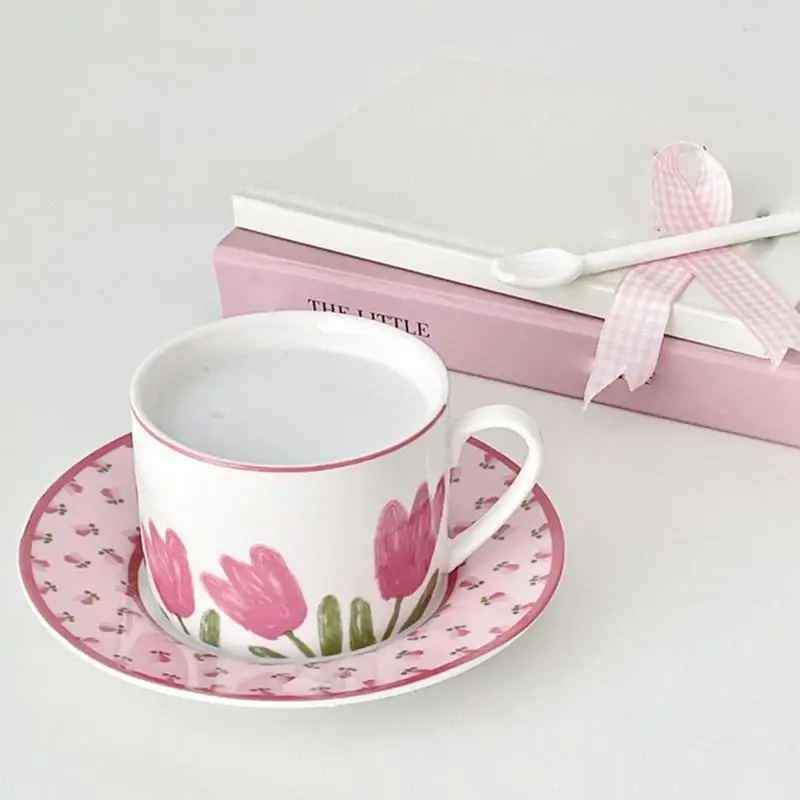 

Tea Cup And Saucer Ceramic Tulip Porcelain Tea Set With Handle For Coffee Milk Tea Drinks China Tea Cups Kitchen Accessories