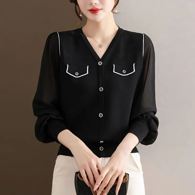 2023 New Oversize Temperament Women's Clothing Splice Button V-Neck Long Sleeve Solid Color Pullover Shirt