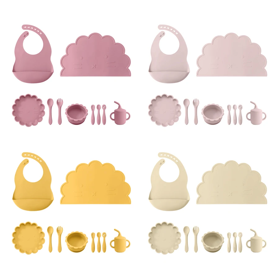 Color Kids Silicone Baby Feeding Set Cartoon Lion Shape Dishes Plate Sucker Spoon Fork Portable Bib Cup Placemat Baby Dinner Set 6