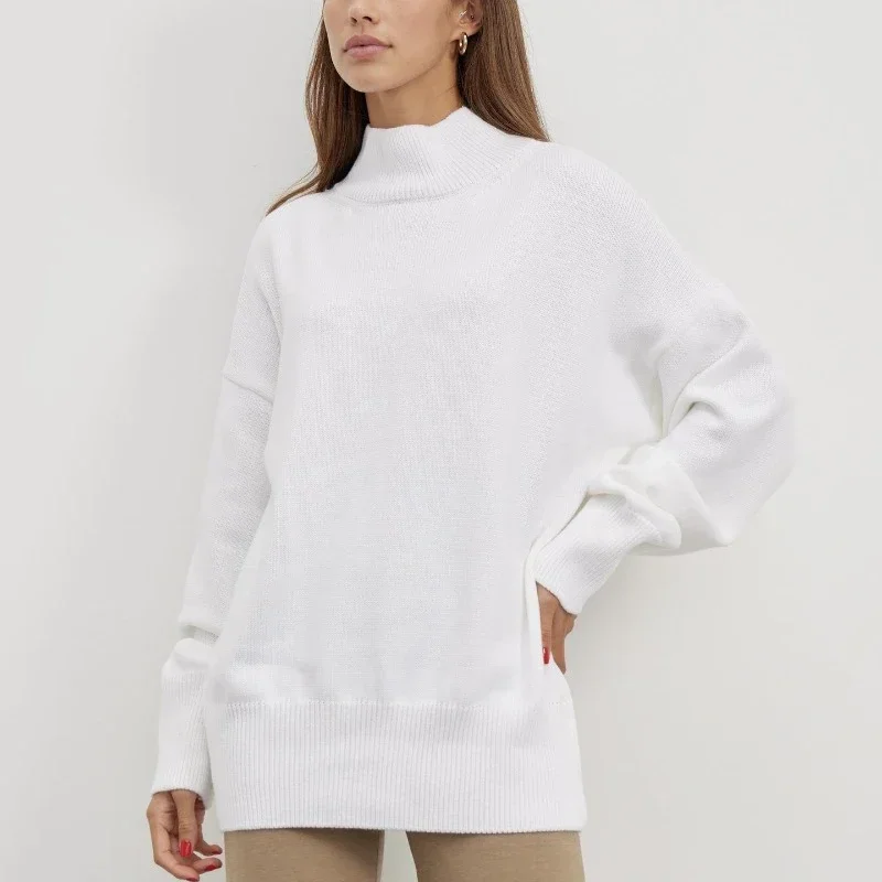 

Casual Lady Tops Elegant Knitwears Autumn Half High Neck Knitted Sweater Women Vintage Warm Loose Pullover Winter Clothing 29026