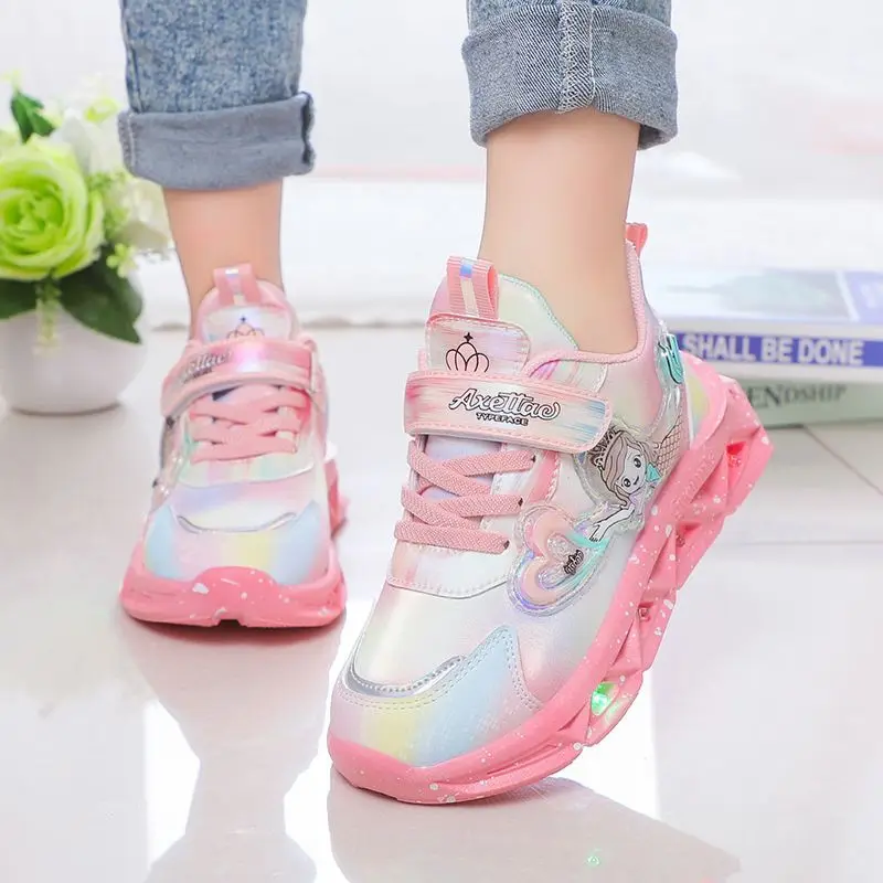 Children\'s Sports Shoes with Lights Cute Cartoon Mermaid Girls Sneakers Led Luminous Light Running Shoes Leather Toddler Shoes