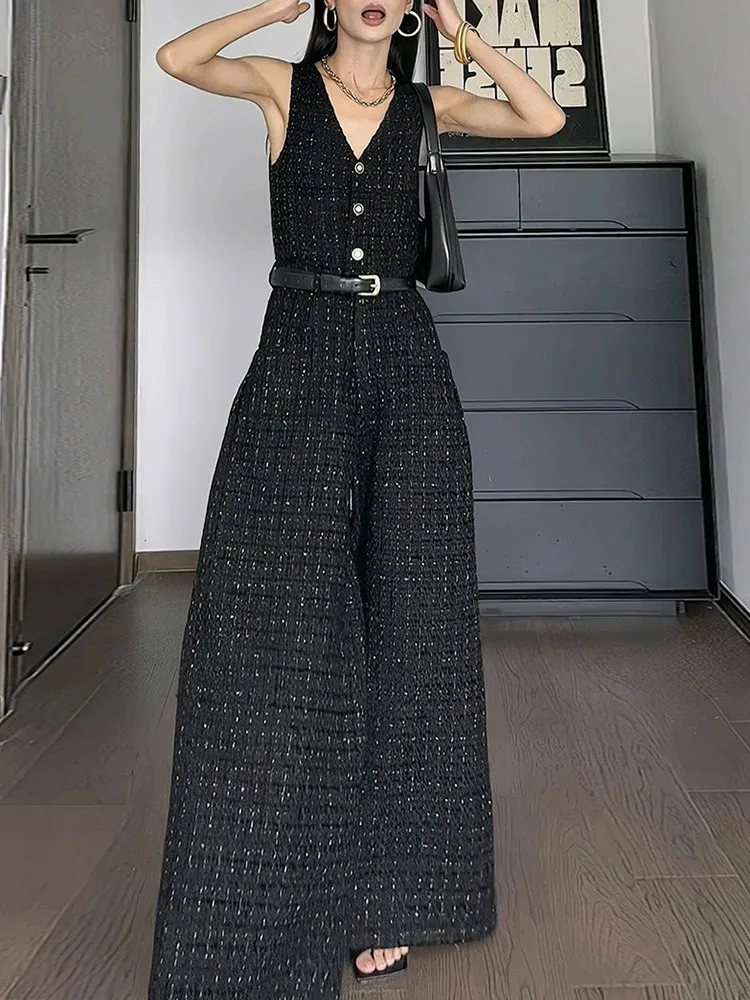 BJTZ Casual Two Piece Set For Women Clothing Round Neck Coat V Neck Sleeveless High Waist Jumpsuit Chic Sets Female Fashion New