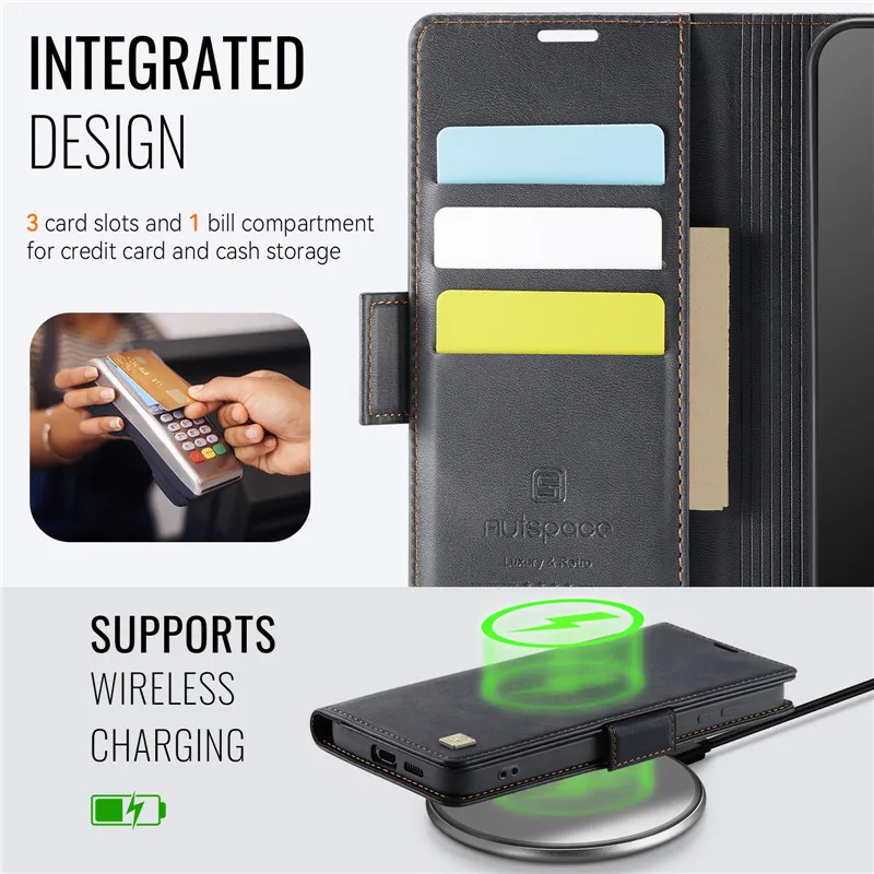 Magnetic Wireless Charging Leather Wallet Card Phone Case with Flip Stand Cover