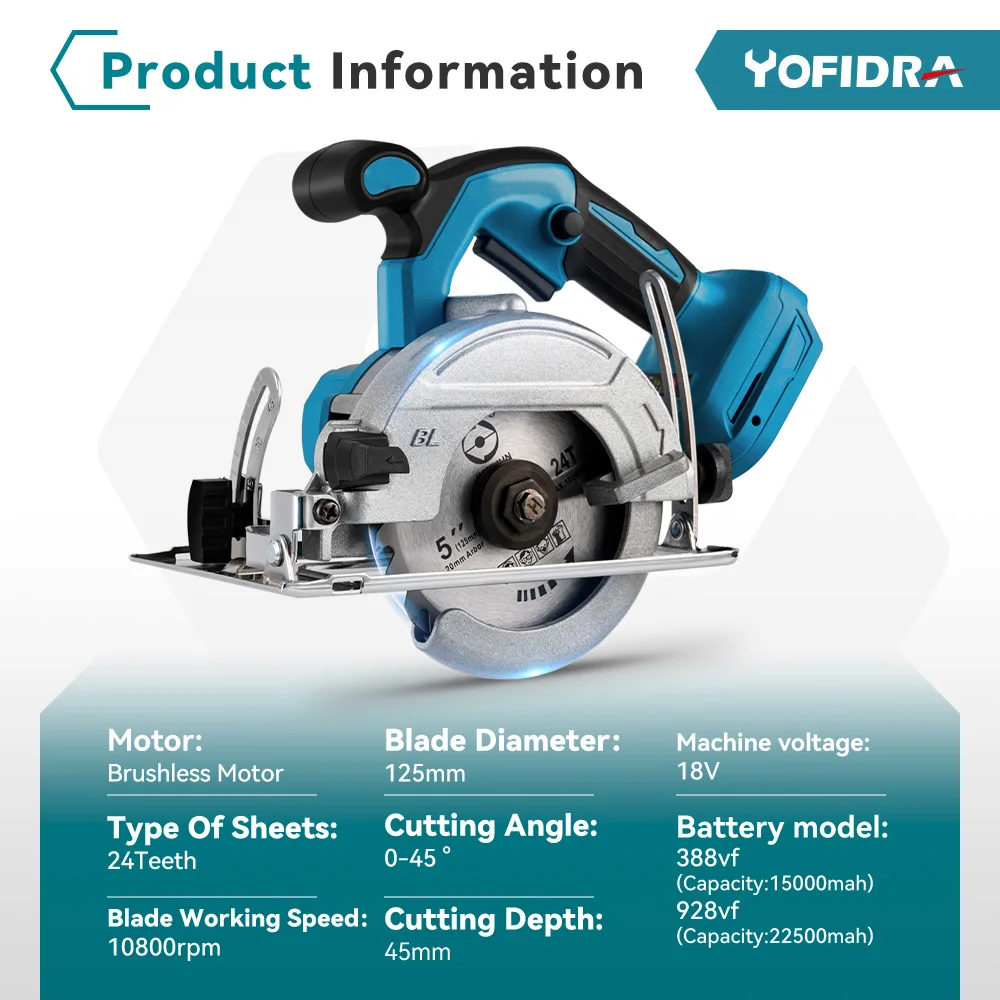 Yofidra 5 Inch 125mm Brushless Cordless Electric Circular Saw 0° to 45° Adjustable Wood Cuttiing Machine For Makita 18V Battery
