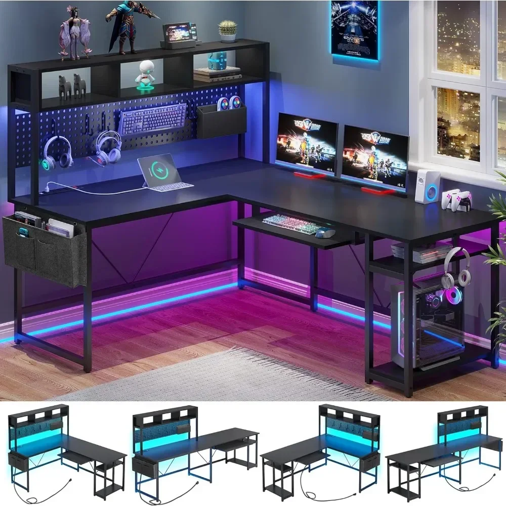 Hot Sales L Shaped Gaming Desk, Reversible Computer Desk With Power Outlet And Pegboard, Gaming Desk With Led Lights