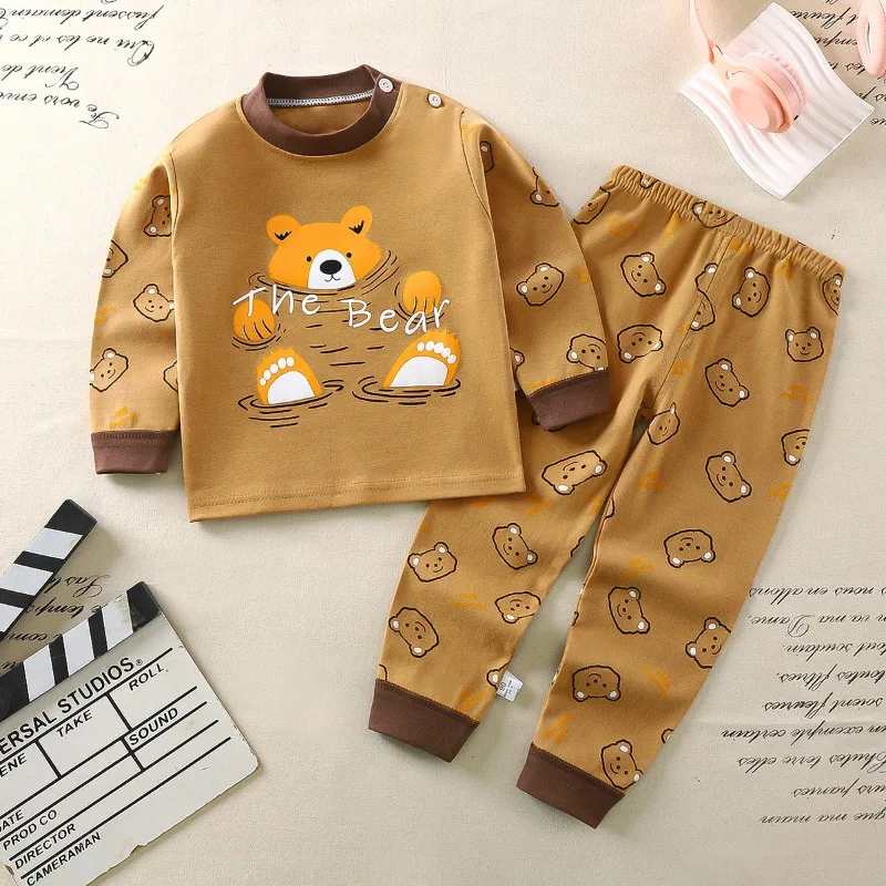 Toddler Boys Underwear Set Cotton Lettering And Bear Pattern Long Sleeve Top Pants Pajama Set Autumn Long Trousers Kids Pijama