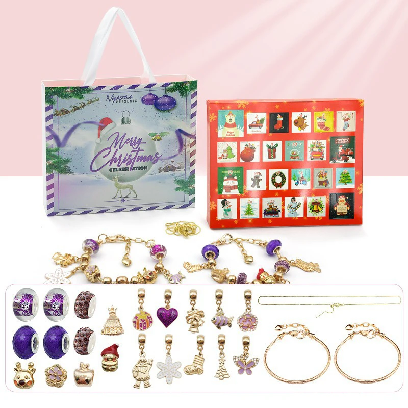 Calendario dell'Avvento Natale 2024 Bracciale Bambina Ragazze Natale per 5 6 7 8 9 10 11 12 Anni, Gioielli Perline Sorpresa Calendario dell'Avvento Natale con Scatola Natale di Babbo Natale