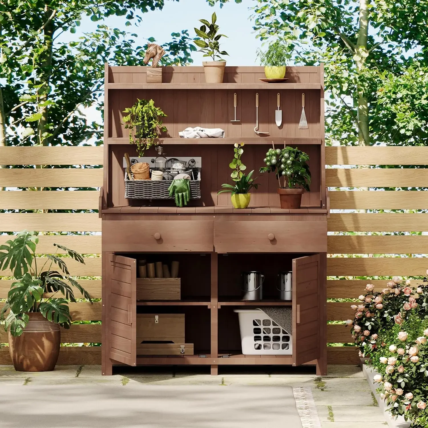 

65" Wood Potting Bench - Outdoor Gardening Table with Storage Shelf, Drawer and Cabinet for Garden Supplies & Tools