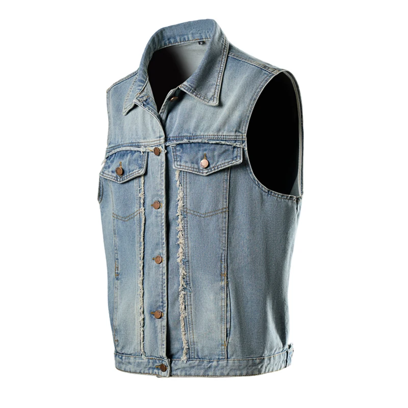 New Unisex Trend Denim Vests Hong Kong Style Casual Fashion Light Blue Lapel Button Denim Sleeveless Tops  Men & Women All
