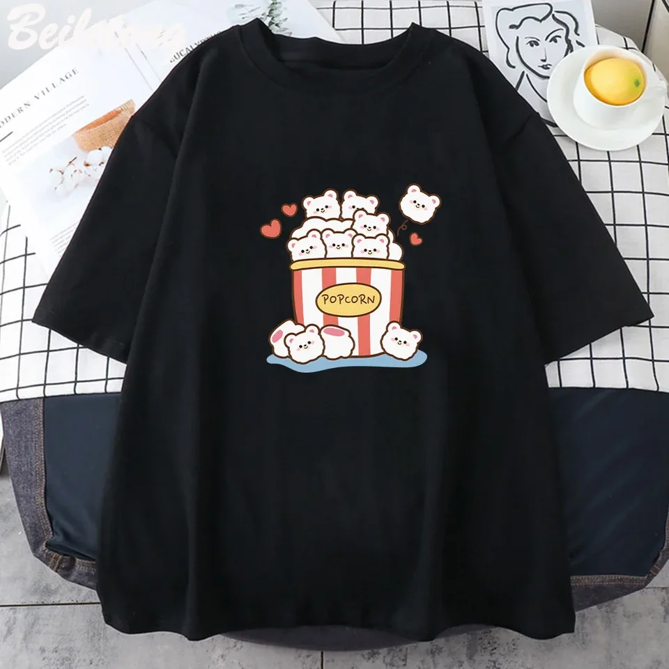 Cute Kawaii Popcorn T-Shirt Woman Cartoon Cute Graphic Tees
