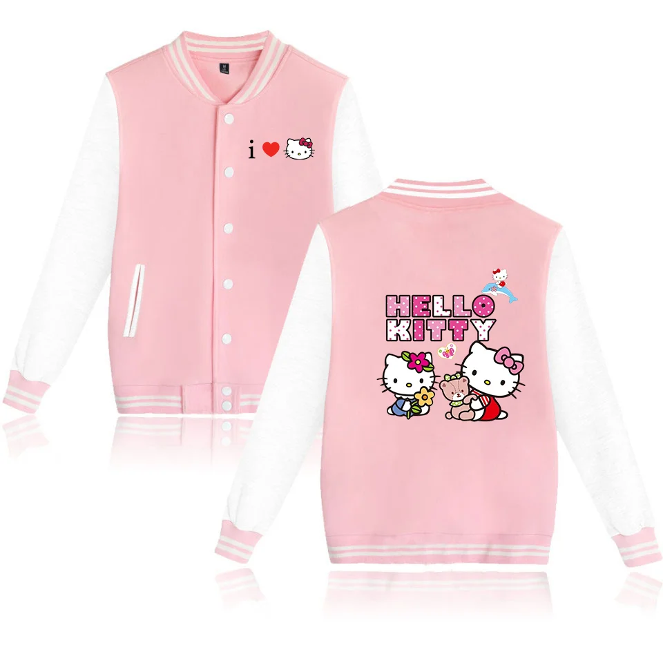 thumbnail image 1 of Chaqueta bomber de Hello Kitty para mujer y hombre, chaqueta de béisbol de otoño, abrigo de estudiante, ropa de calle, chaqueta bomber de estilo universitario de estilo Harajuku, 1 of 5