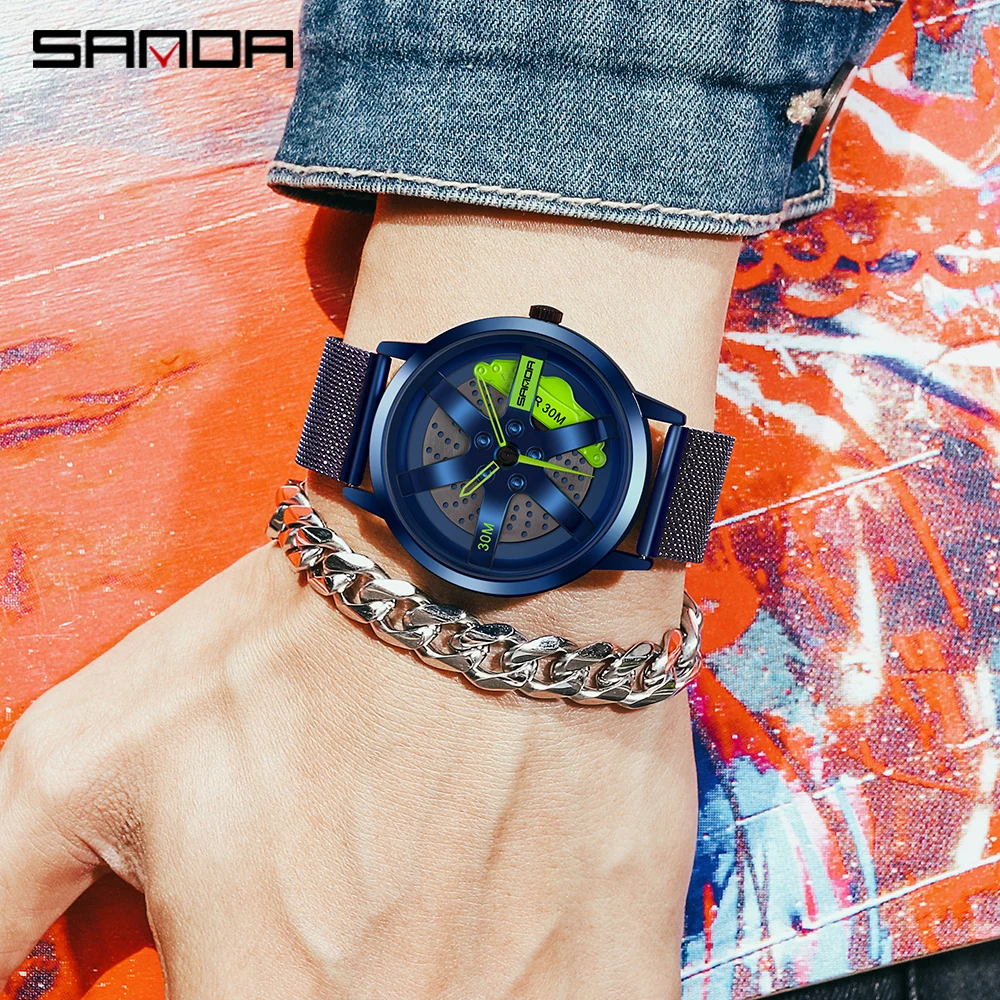 Men Fashion Hot Sell Car Rim Wristwatch 3D Wheel Rim Dial Watches Steel Mesh belt Waterproof Sport Quartz Wristwatch Relogio2023