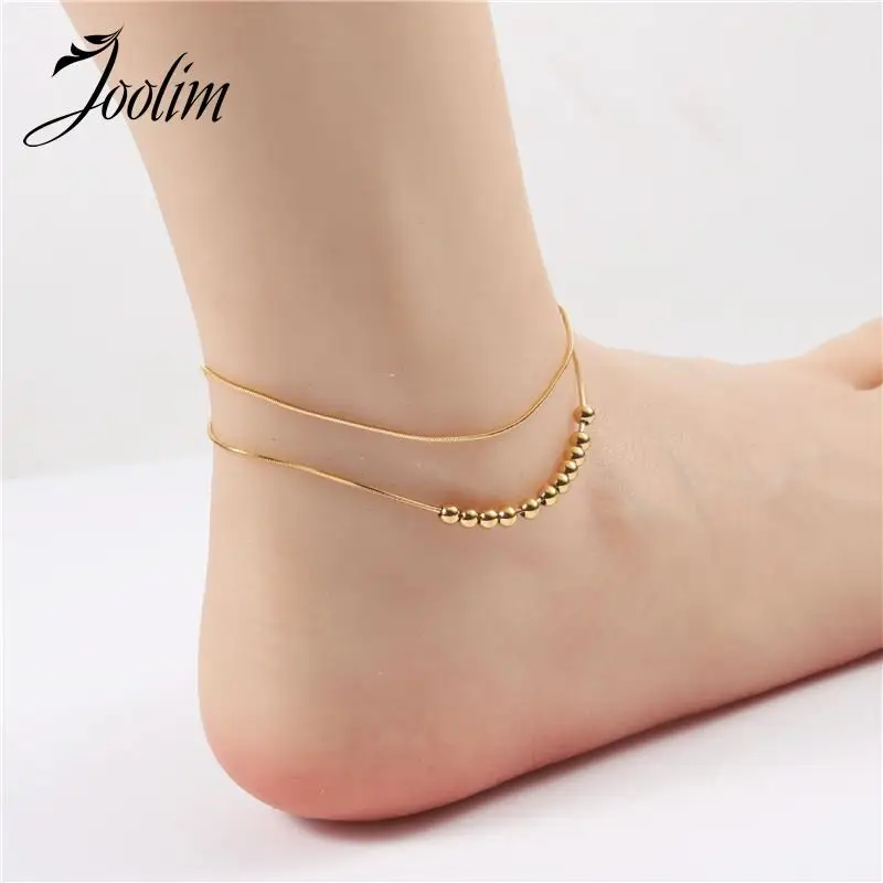 

Joolim Jewelry High End PVD Wholesale No Fade Simple Versatile Double Layer Beads Pave Pendant Stainless Steel Anklet For Women