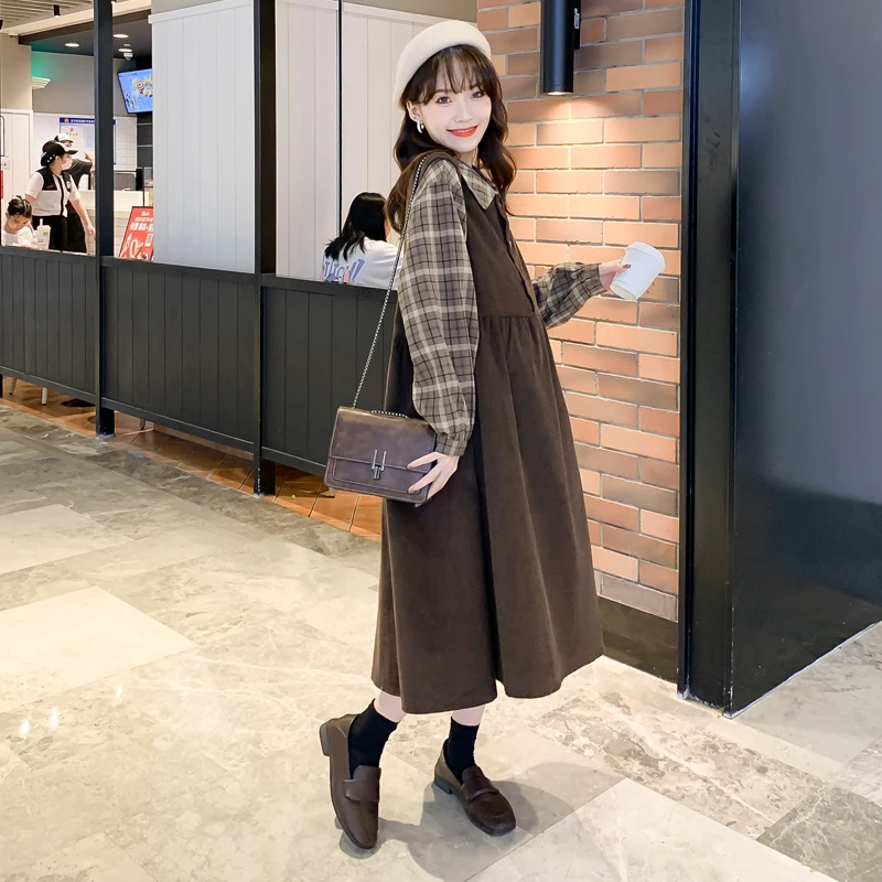 Autumn Maternity 2pcs Clothes Set Long Lantern Sleeve Peter Pan Collar Plaid Shirts Woolen Sleeveless Dresses Twinset Suits