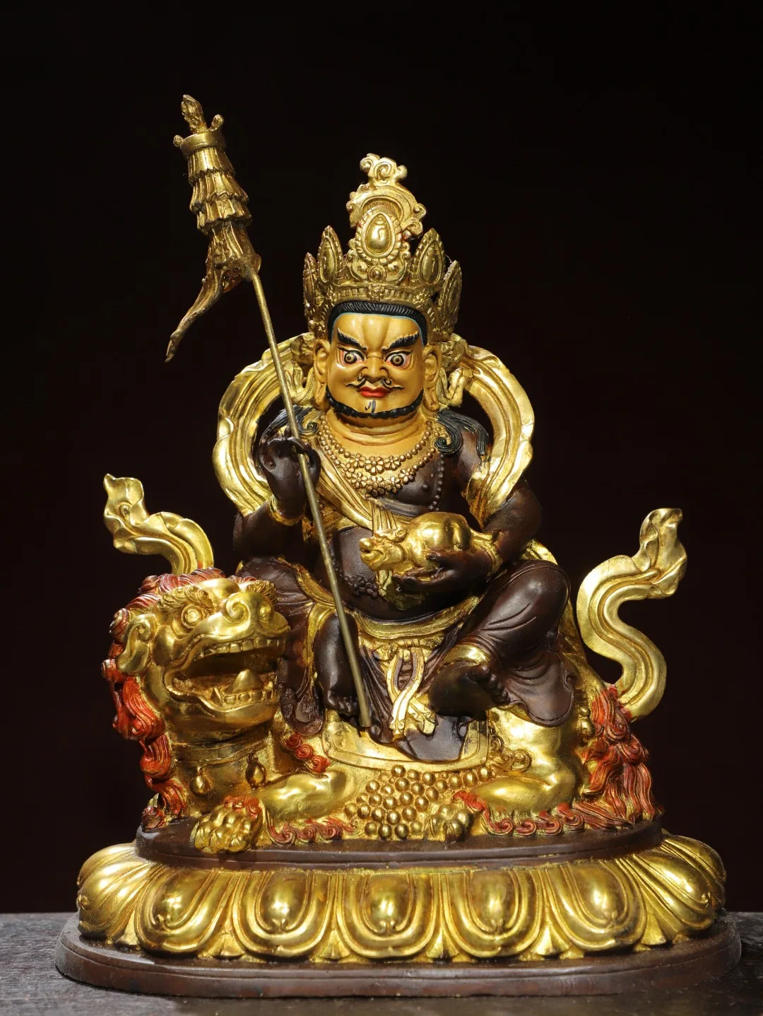 

13"Tibetan Temple Collection Old Bronze Gilded Painted Face Vaisravana Sitting Buddha Treasure King Lotus Terrace Worship Hall