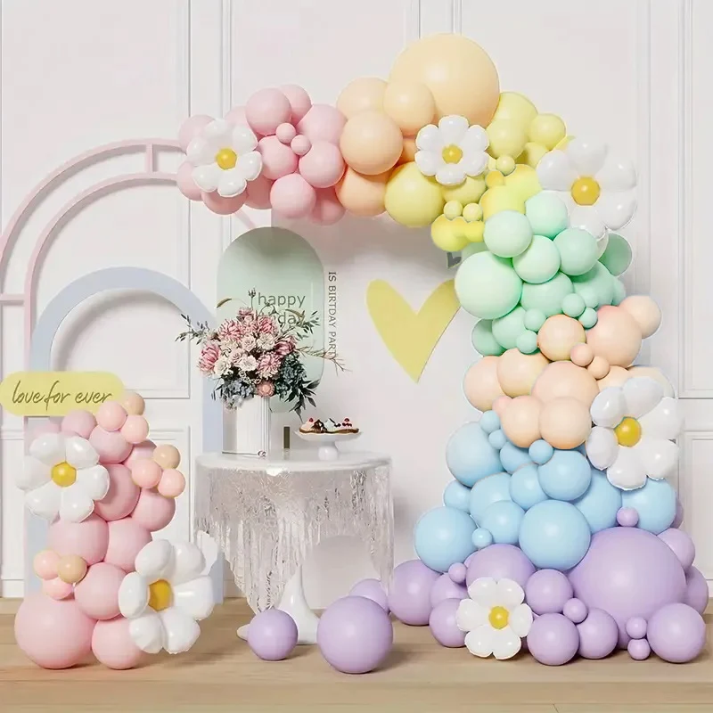 파스텔 풍선 아치 키트 데이지 꽃 풍선 화환 아이 신부 첫 번째 생일 파티 장식 베이비 샤워 웨딩 용품