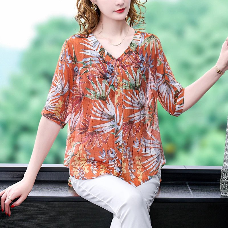 Korean Shirts Tops Women Blouses Office Chiffon Shirts Elegant V-collar 3/4  sleeve Women Tops blusas