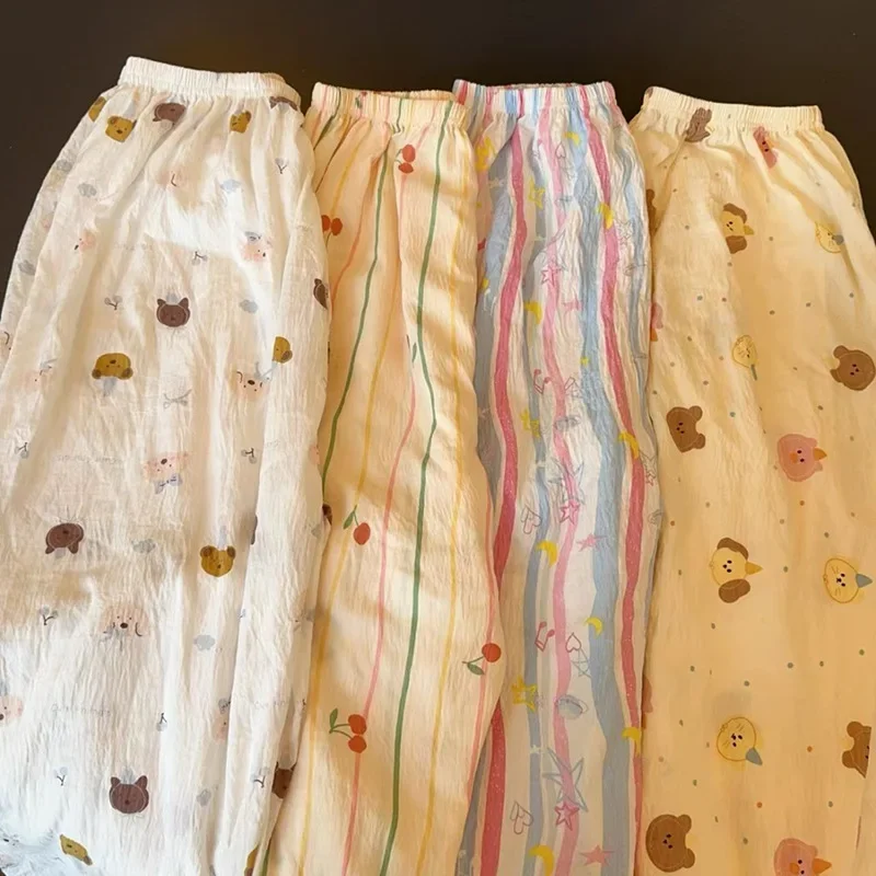 Pyjama Hosen Frauen Sommer Weiß Cartoon Kätzchen Hosen Dünne Student Hause Hosen Regenbogen Streifen Hohe Taille Gerade Bein Lose – Detail 2