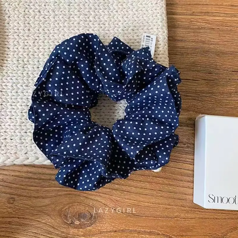 1PC Navy Blue Polka Dot Bow Scrunchie, Cute Large Hair Tie for Women, Sweet Hair Accessory for Daily Wear and Beach Style