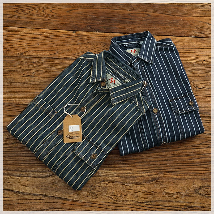 Heavy vertical stripe cargo denim shirt Men do old washed cotton elbow stick cloth lapel long sleeve shirt jacket