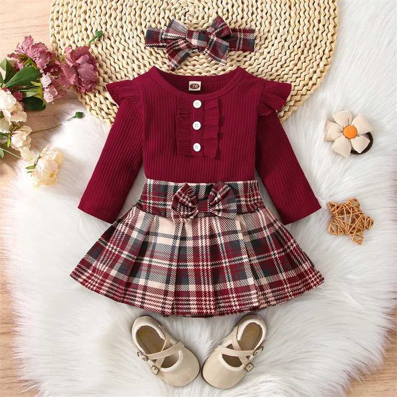 

3Pcs Baby Girls Clothes Fall Outfit Ribbed Long Sleeve Romper + Plaid Pleated Skirt + Headband Set for Toddlers 0-18 Months