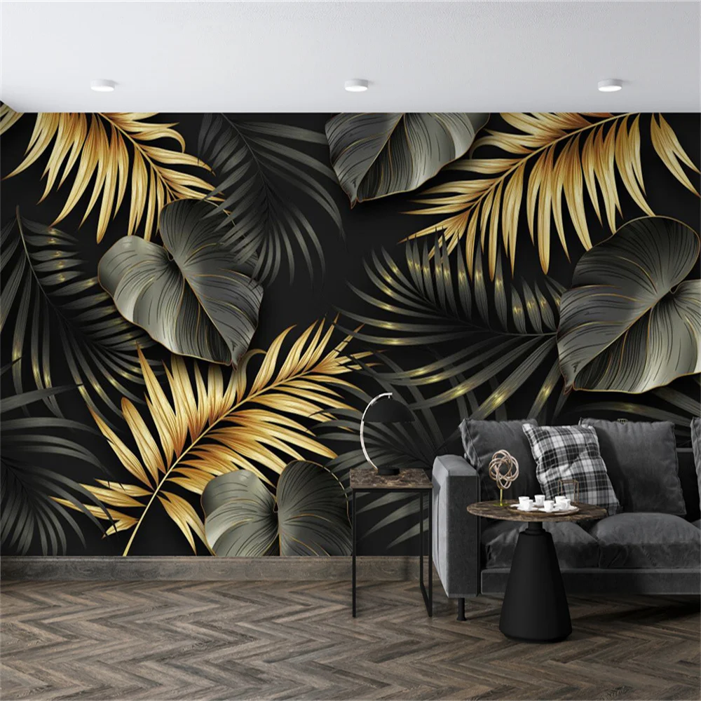 

Milofi full size personnalisé impression 3D fond noir plantes vertes de luxe feuilles papier peint mural